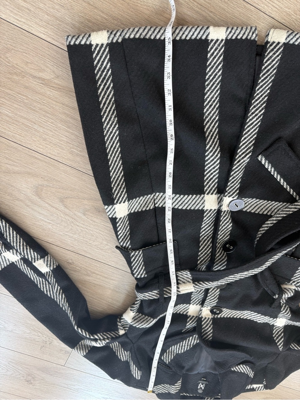 Miss Ashley Black White Plaid Wool Blend Belted Coat Size L - Picture 9 of 9
